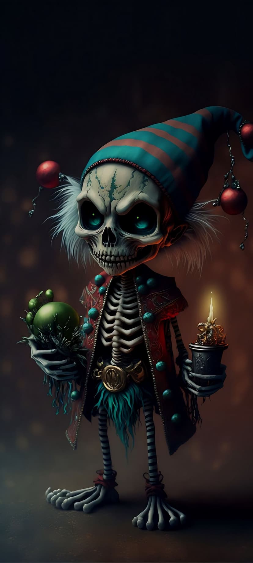 Skeletal elf in a striped hat holds a green ornament and flickering candle against a dark bokeh background.