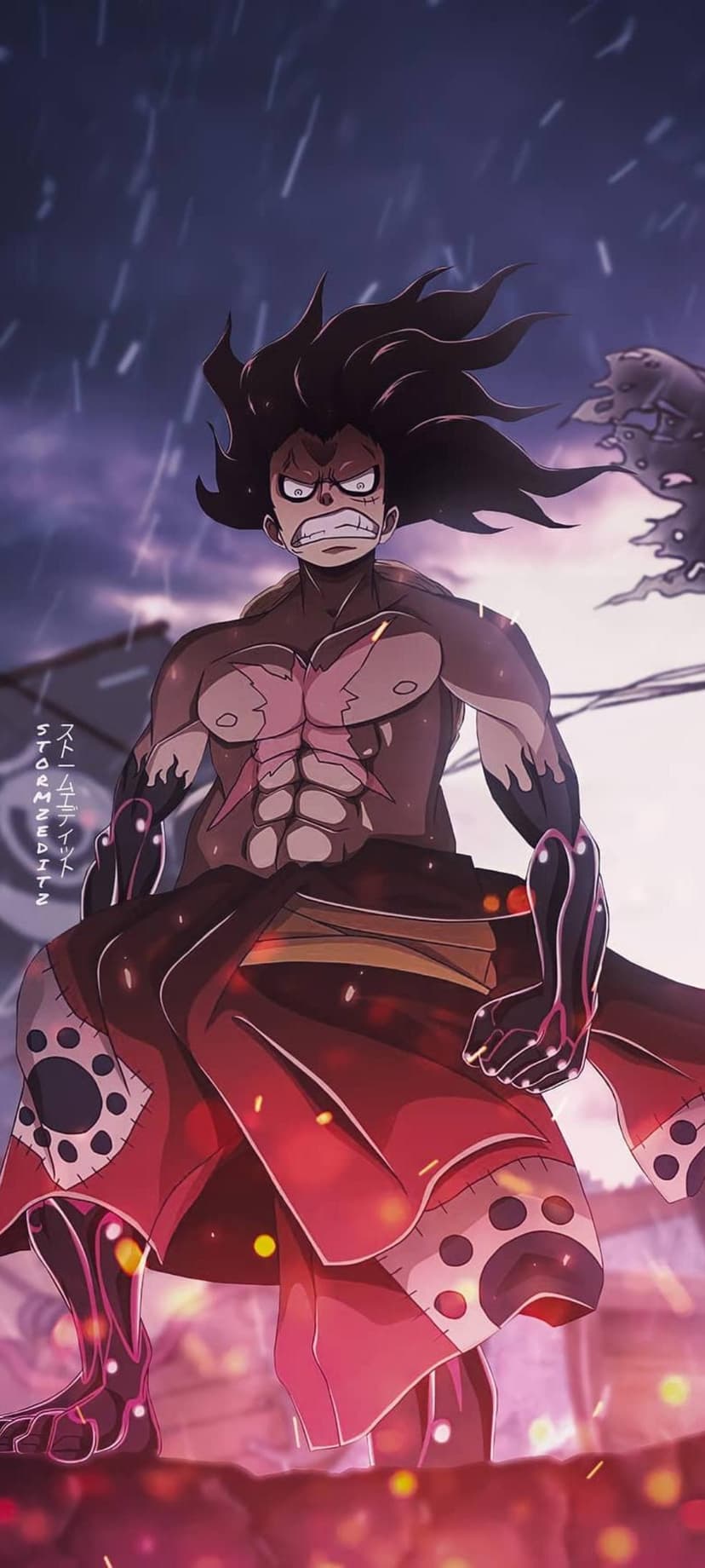 Monkey D. Luffy in Gear 5 form stands in a rainstorm wearing a red and black outfit with a fierce expression.