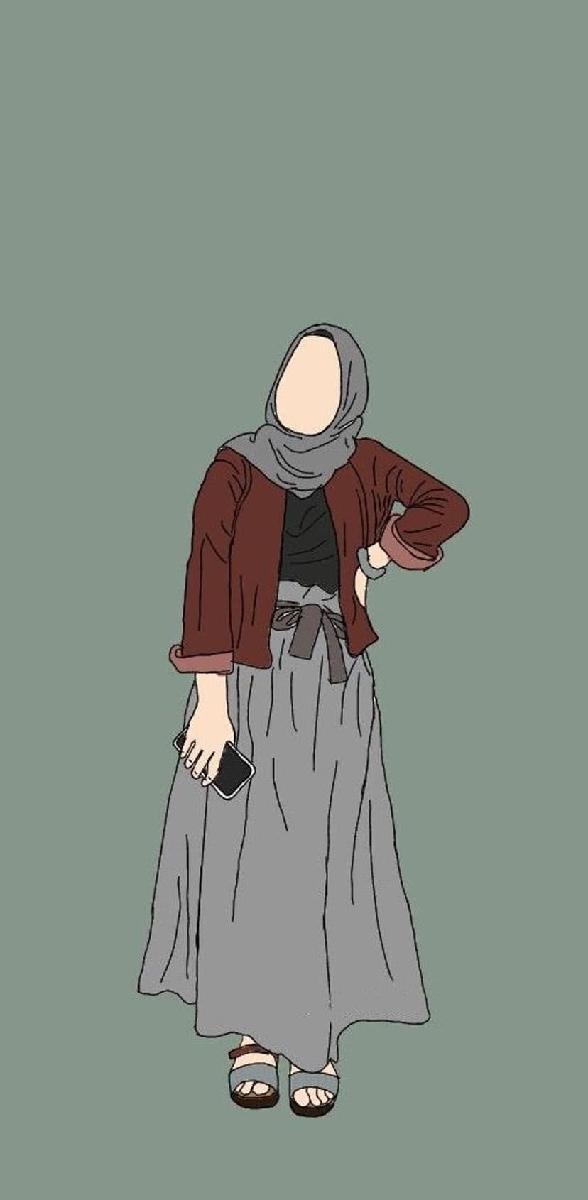 Woman in a gray hijab and tan jacket holds a black smartphone against a muted green backdrop in a standing pose.