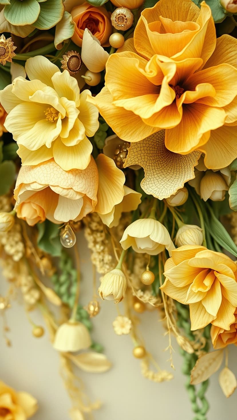 Yellow and orange flowers with golden edges feature ruffled petals and soft lighting in a vertical bouquet.