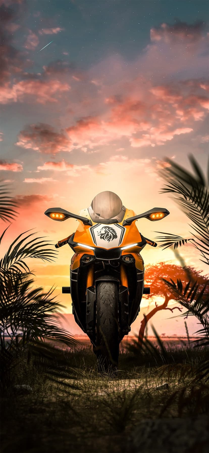 Orange sportbike in tall grass under a pink sunset sky with tropical palm trees and a bright meteor streak.