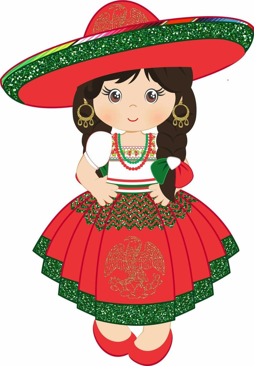 Mexican girl in a glittery green and red tricolor dress wearing a wide sombrero with a national emblem.