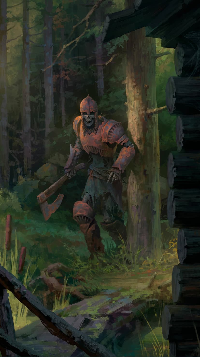 Skeletal warrior in rusted armor holds a large axe beside a derelict wooden cabin in a dense, foggy forest.