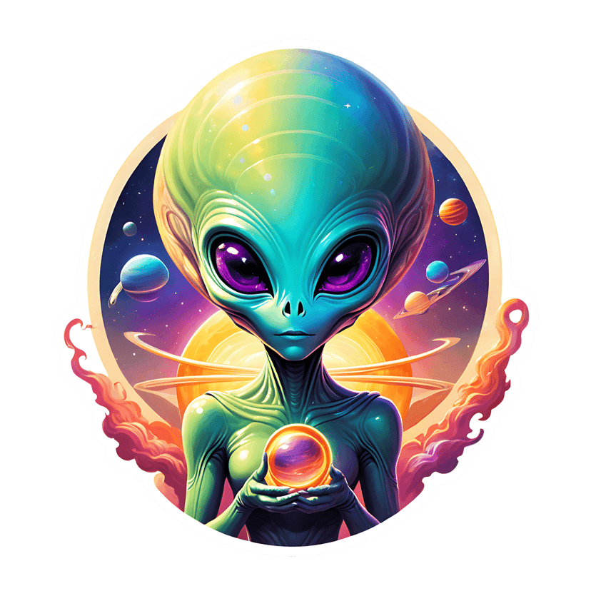 Green alien holding a glowing energy orb against a background of ringed planets and purple cosmic nebulas.