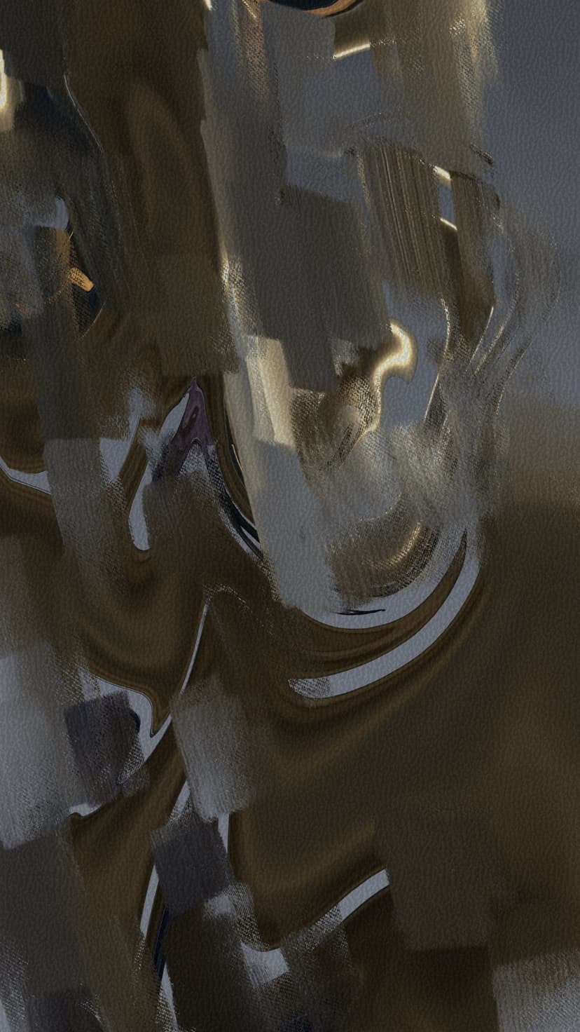 Swirling ribbons of molten gold and charcoal paint show glossy reflections in a vertical abstract composition.