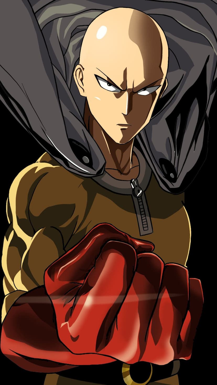 Saitama clenches a red gloved fist in a determined stance wearing a yellow hero suit and cape against a city sky.