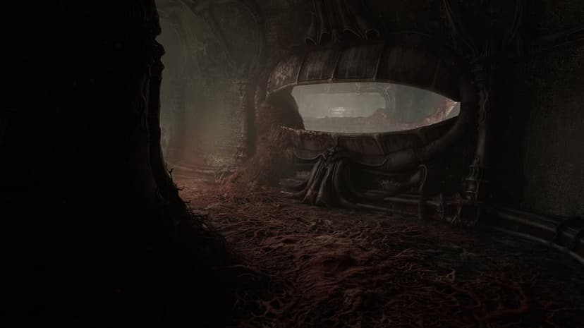 Fleshy biomechanical corridor with red sinewy floor leading to a glowing alien aperture in a dark environment.