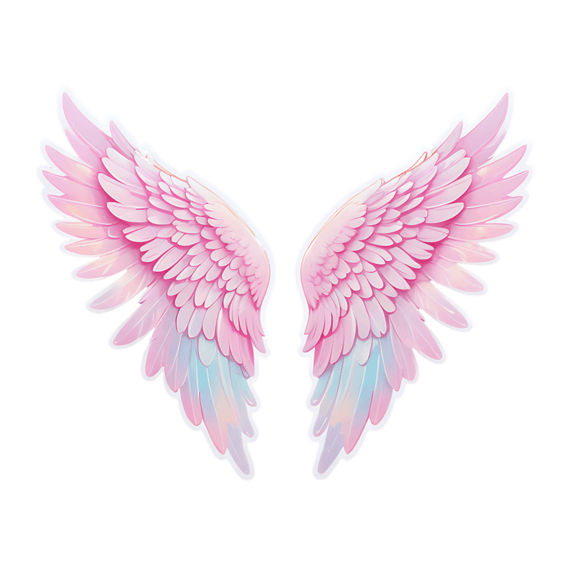 Pastel pink angel wings sticker with soft blue and yellow feather tips and a white border on a black background.