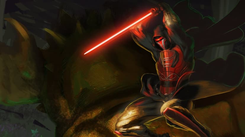 Darth Revan holding a red lightsaber above his head while standing on a giant scaled creature in the dark.