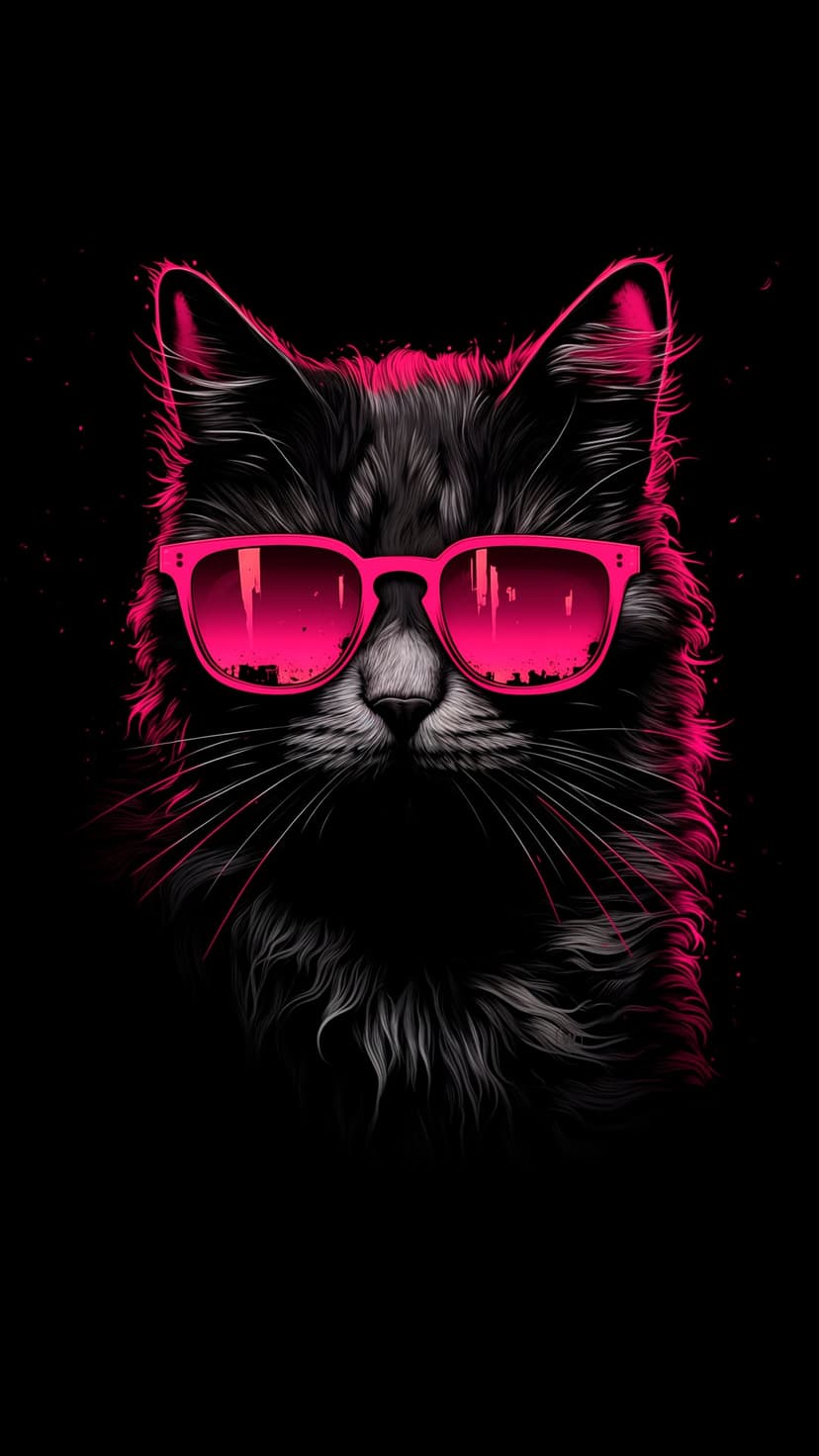Black cat wearing large neon pink sunglasses reflecting a city skyline against a dark, shadowy background.