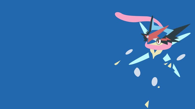 Ash-Greninja in a minimalist flat design with a pink tongue scarf on a solid blue background.