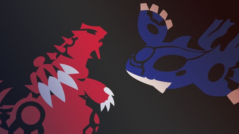 Groudon and Kyogre face each other in a minimalist flat design illustration on a dark gradient background.