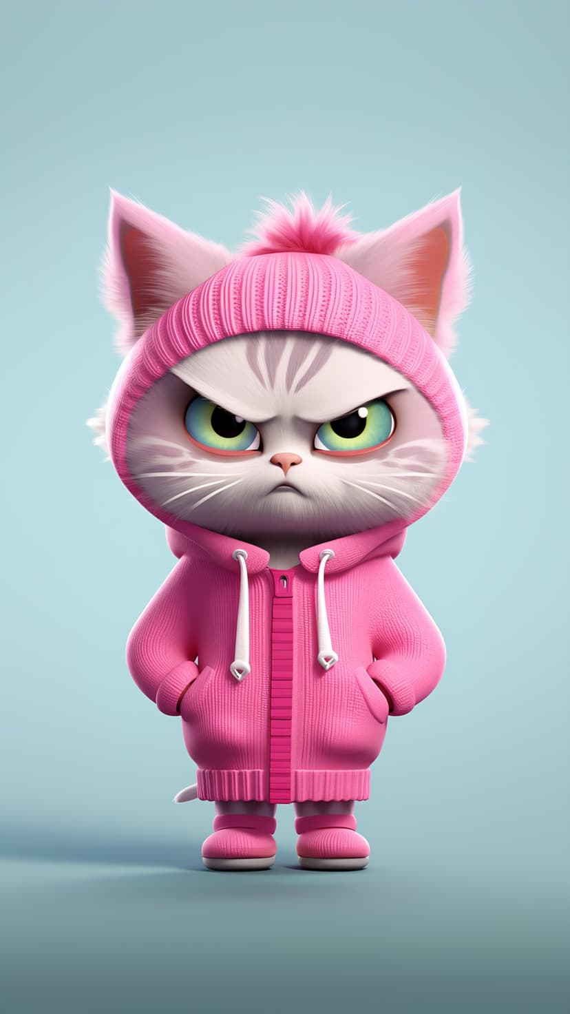 Grumpy cat with green eyes wearing a pink hoodie and pom-pom beanie standing against a solid light blue background.