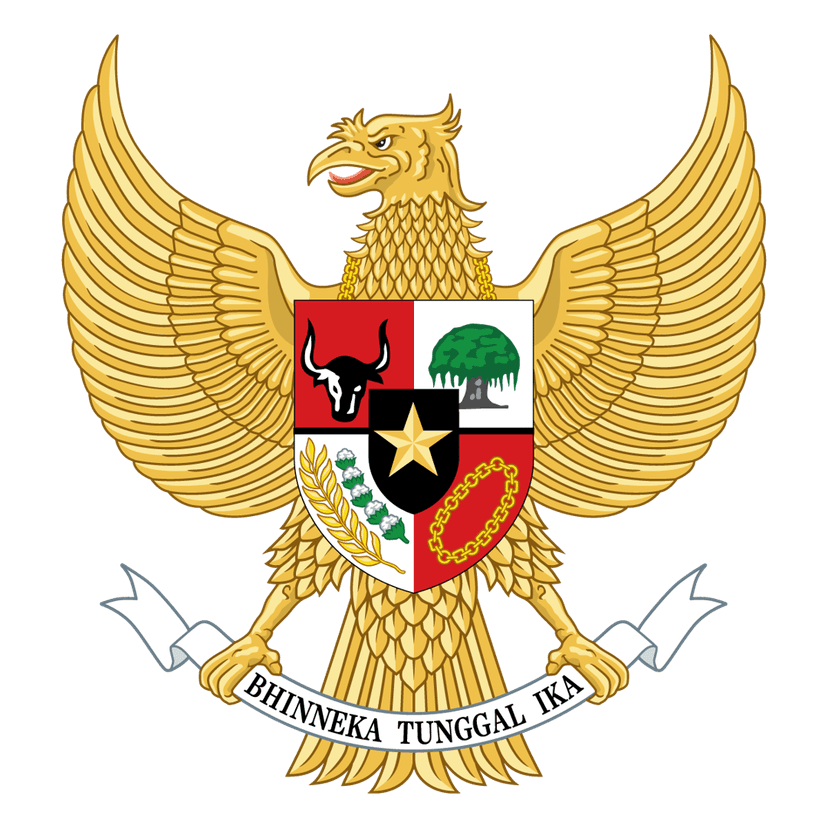 Garuda Pancasila emblem displayed in golden vector style with a red and white shield centered on the eagle chest.