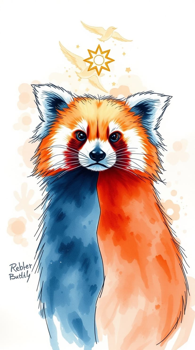 Red panda with orange and blue fur gazes upward at two golden birds circling a radiant sun against floral shapes.