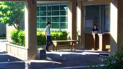 Anime School Entrance with Students and Receptionist