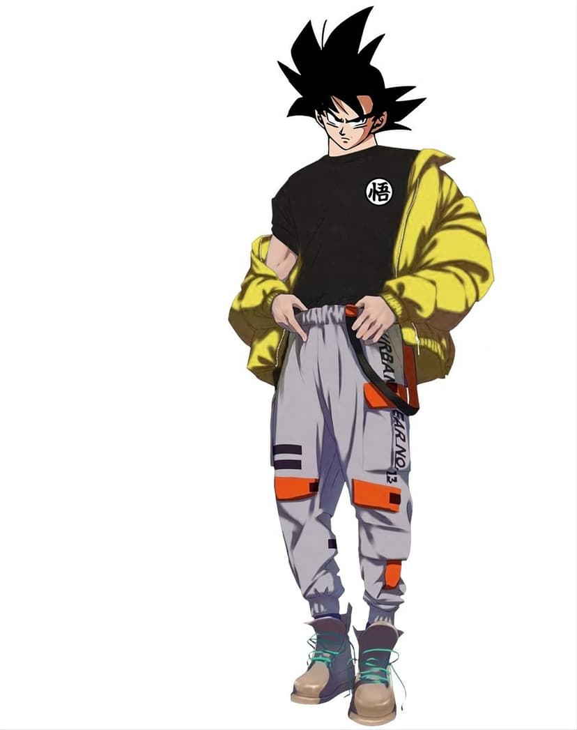 Goku wears a yellow puffer jacket, black Kanji t-shirt, and gray cargo pants with teal-laced combat boots.