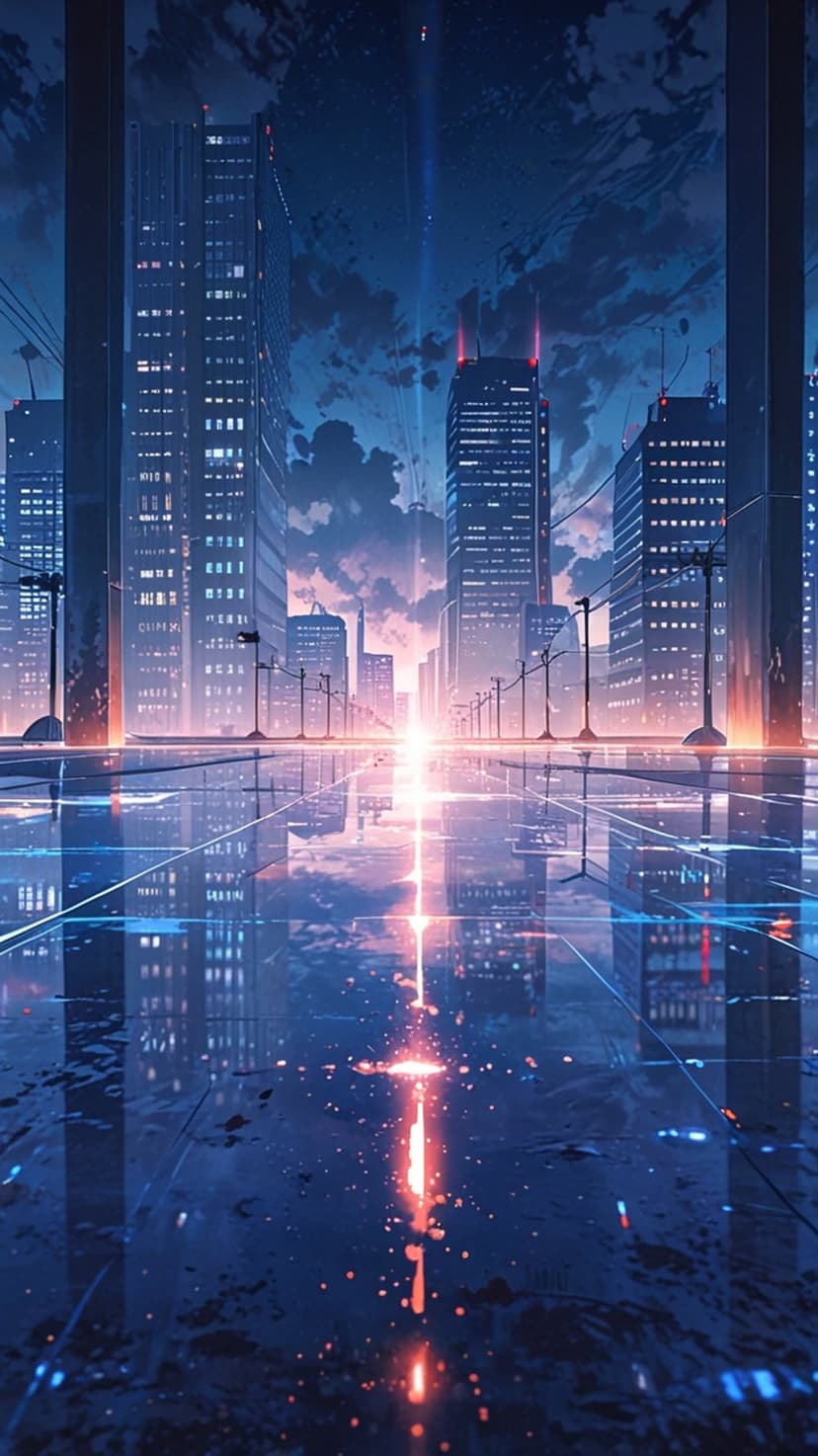 Towering skyscrapers with glowing windows reflect onto a rain-washed city street under a dark twilight sky.
