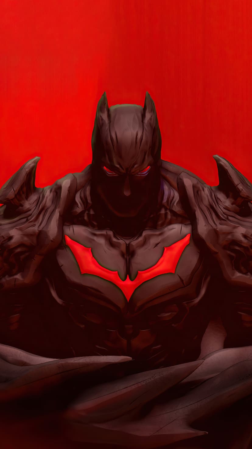Batman in textured armor with a glowing red chest symbol and eyes stands against a vibrant red backdrop.