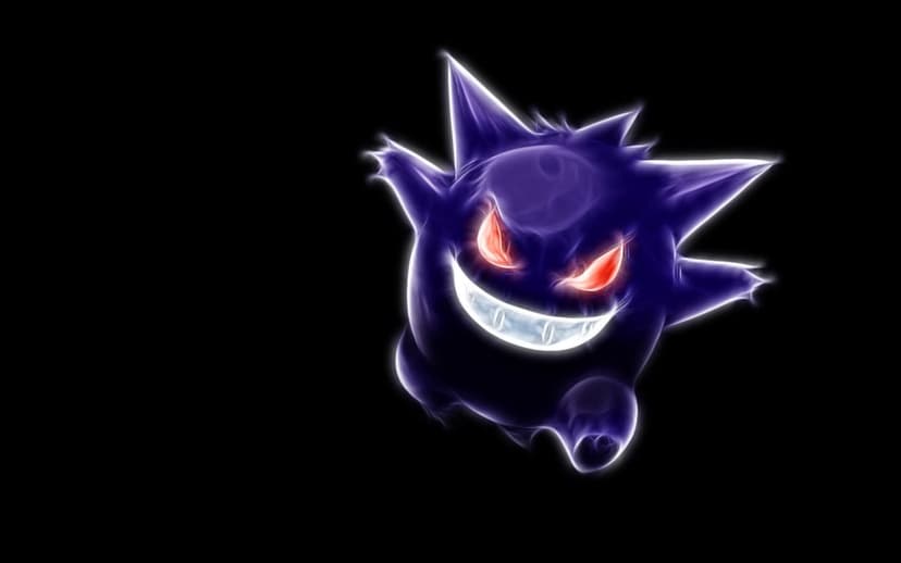 Gengar Pokemon with glowing red eyes and a wide grin rendered in purple fractal light on a black background.