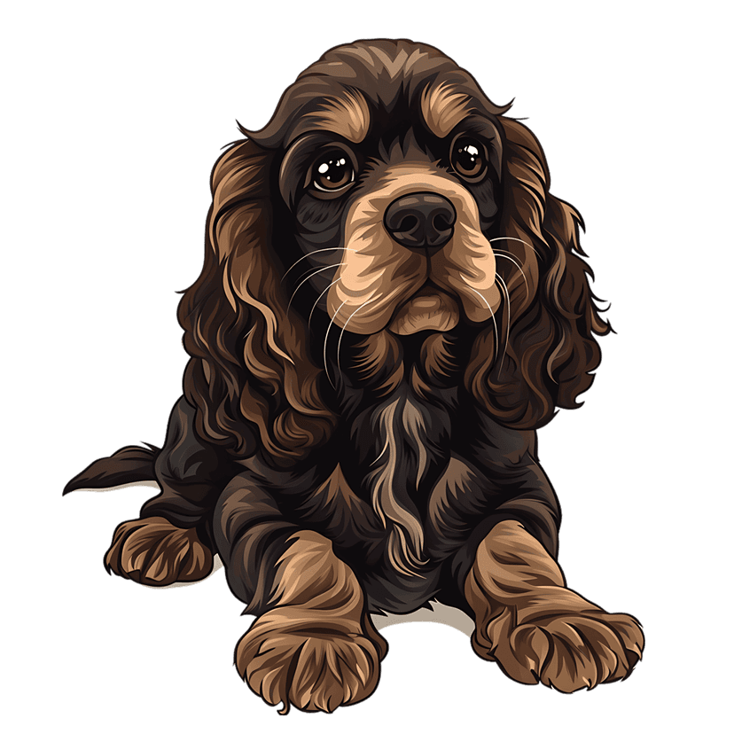 Cocker spaniel puppy with long brown ears peeking over a white fence against a dark background in high detail.