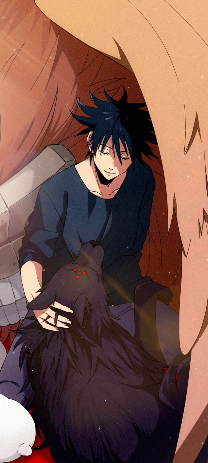 Young man with black hair leans against a dark wolf with red forehead markings in soft, golden light.
