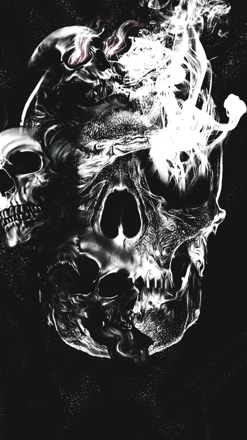Two detailed human skulls dissolve into swirling gray smoke and wispy vapors against a dark, shadowy void.