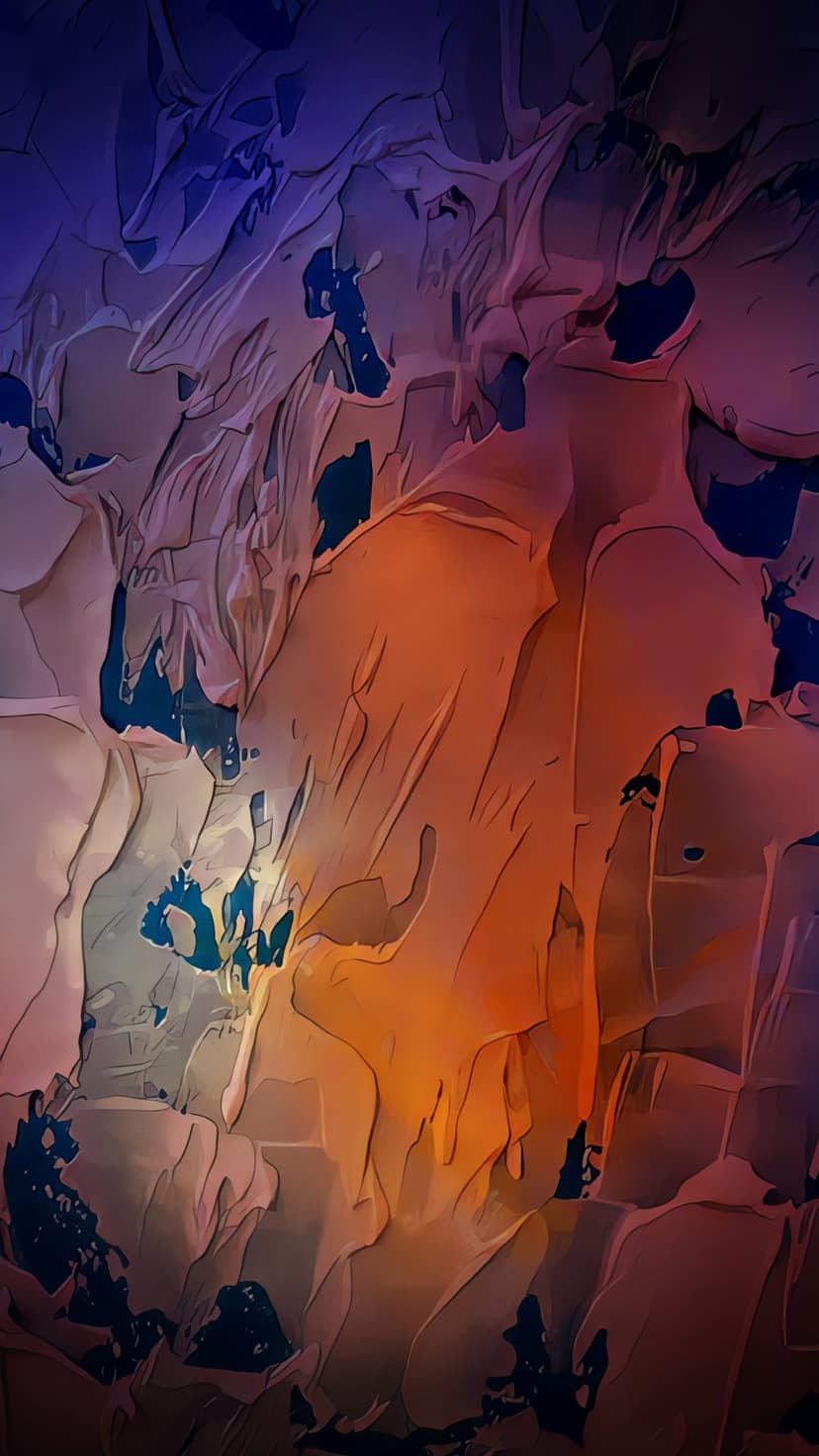 Interlocking spirals of vibrant orange, deep violet, and blue paint create a thick, textured liquid marble effect.