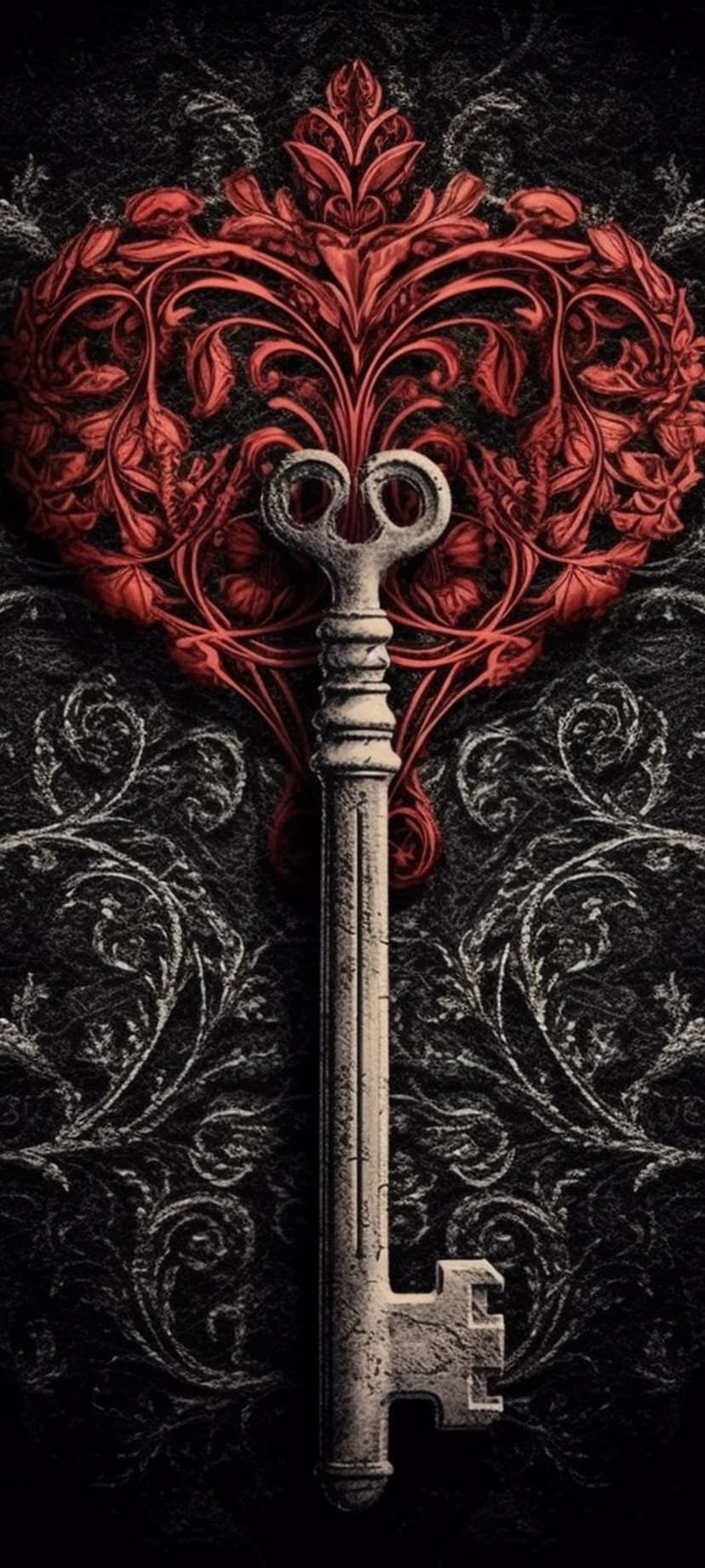 Heart-shaped skeleton key with an ornate silver shaft lying on a dark red and white floral textured surface.
