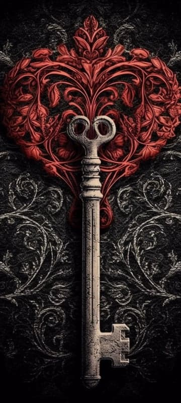 Ornate Red Heart Key on Dark Floral Background