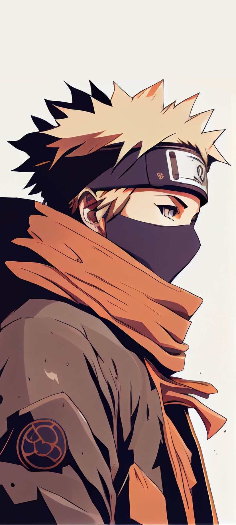 Spiky blonde anime ninja wearing a black face mask and a bright orange scarf in a detailed side profile view.