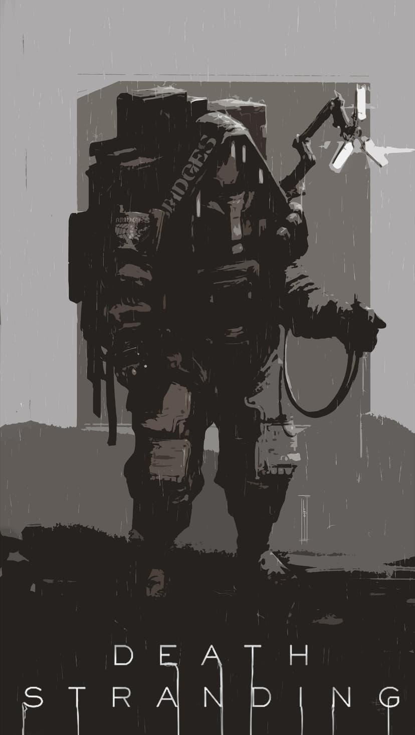 Silhouette of a figure in heavy tactical gear with a large cargo backpack and Odradek scanner in the rain.