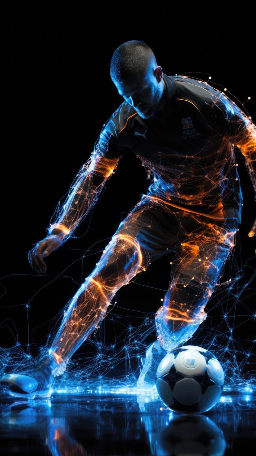 Soccer player sprinting with a ball amidst glowing neon blue and orange energy sparks on a black background.