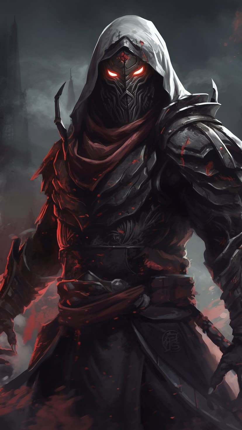 Hooded warrior in black plate armor stands amidst smoke with glowing red eyes and crimson blood spatters.