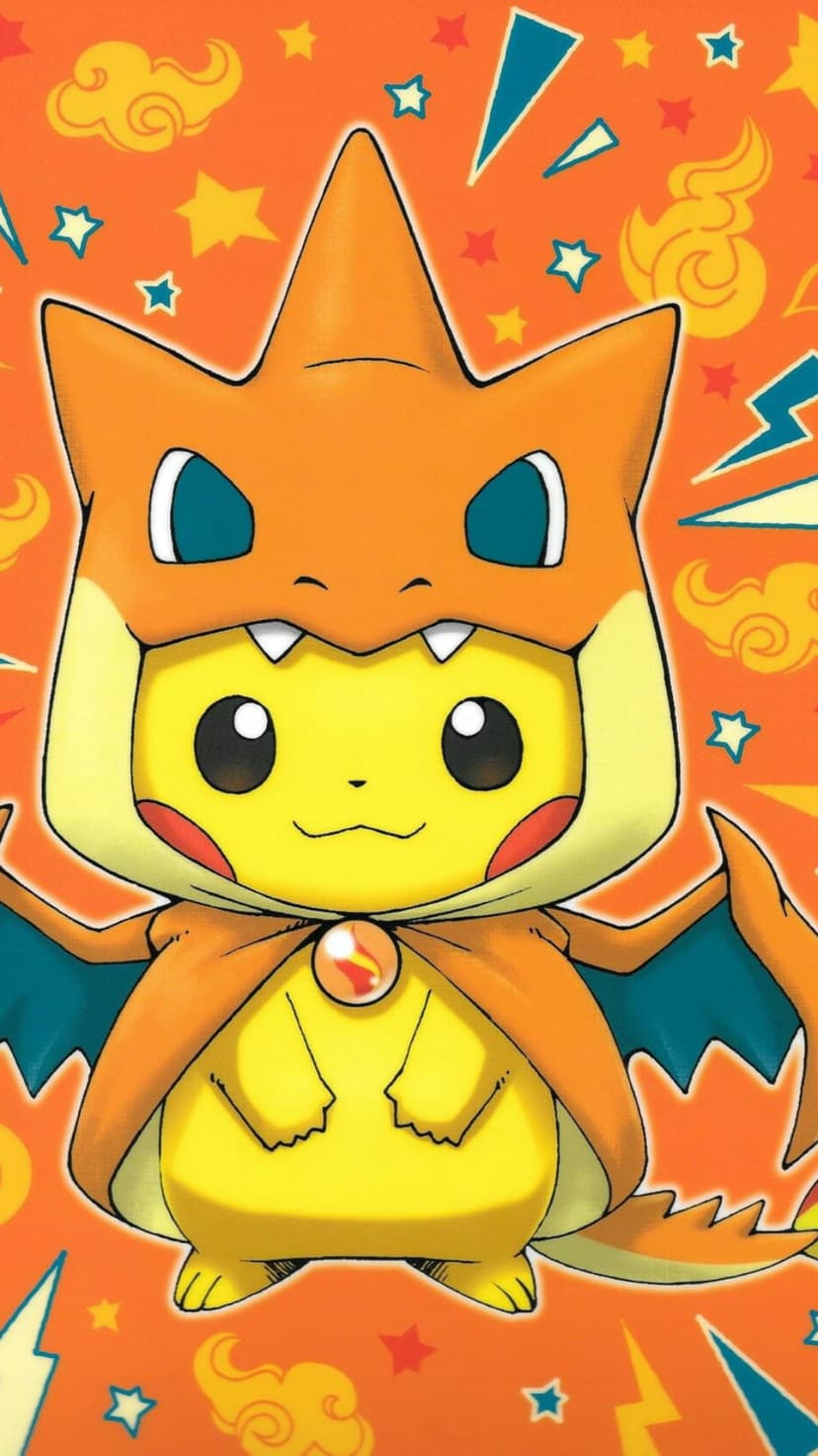 Pikachu in a Charizard costume sits before a bright orange background with stars, clouds, and lightning bolts.