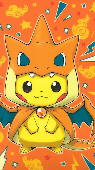 Pikachu Wearing Charizard Outfit Vibrant Orange Screen