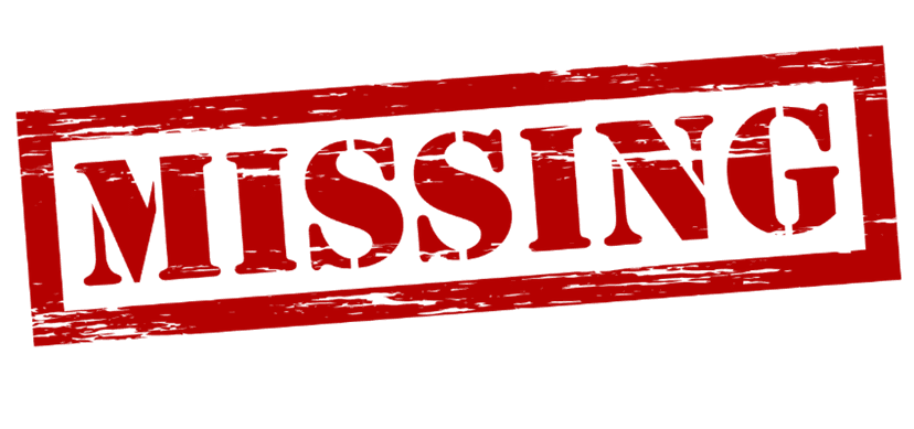 Missing red stamp featuring a distressed rubber ink texture with weathered edges on a transparent background.
