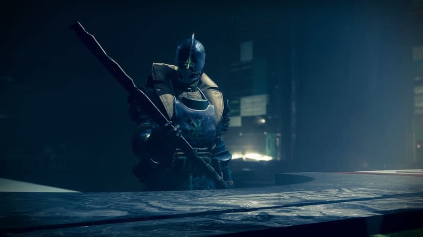 Armored sci-fi warrior with a green serpent emblem standing behind a dark counter in a moody industrial room.