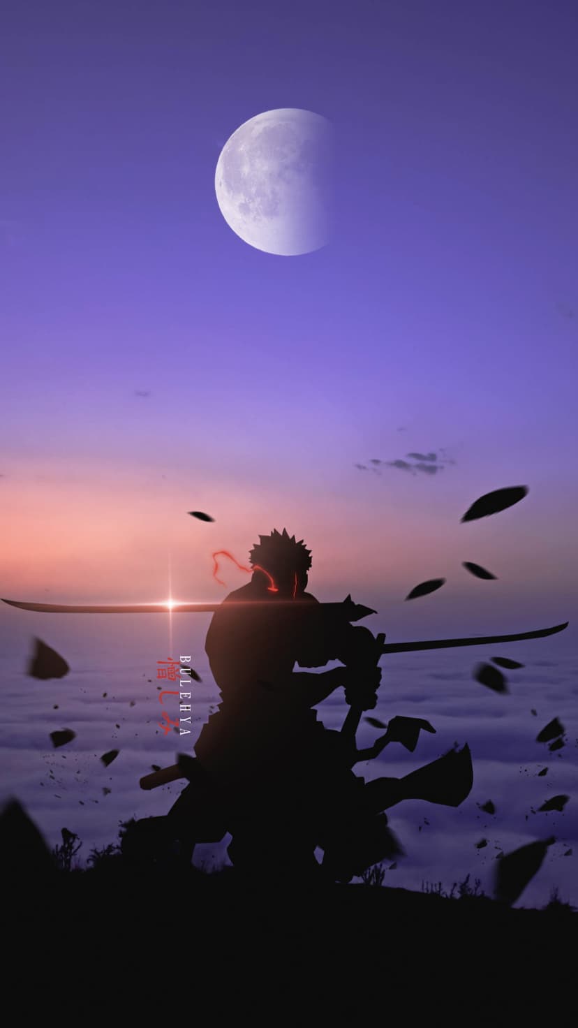 Samurai silhouette with a glowing red neck holds a katana under a large moon and purple twilight clouds.
