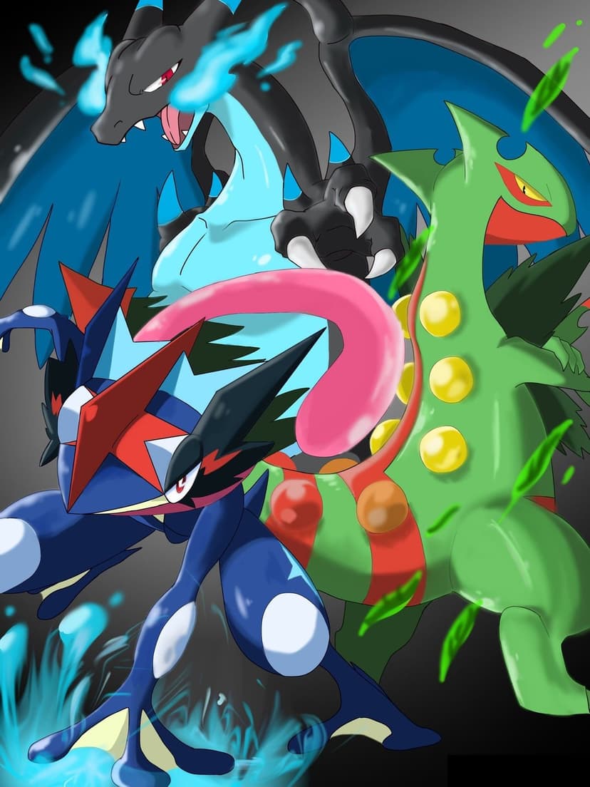 Mega Charizard X, Ash-Greninja, and Mega Sceptile in a dynamic battle pose with blue flames and green leaves.