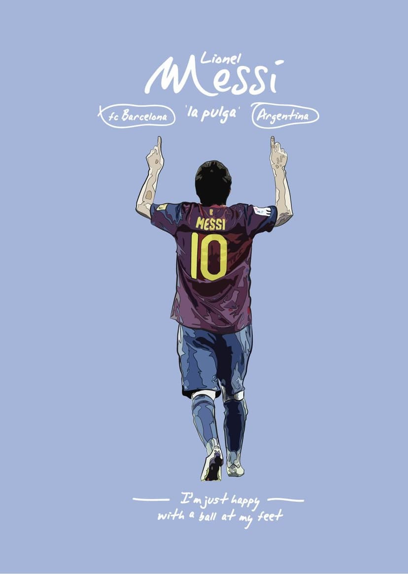 Lionel Messi from behind in a number 10 Barcelona jersey with arms raised against a light blue background.