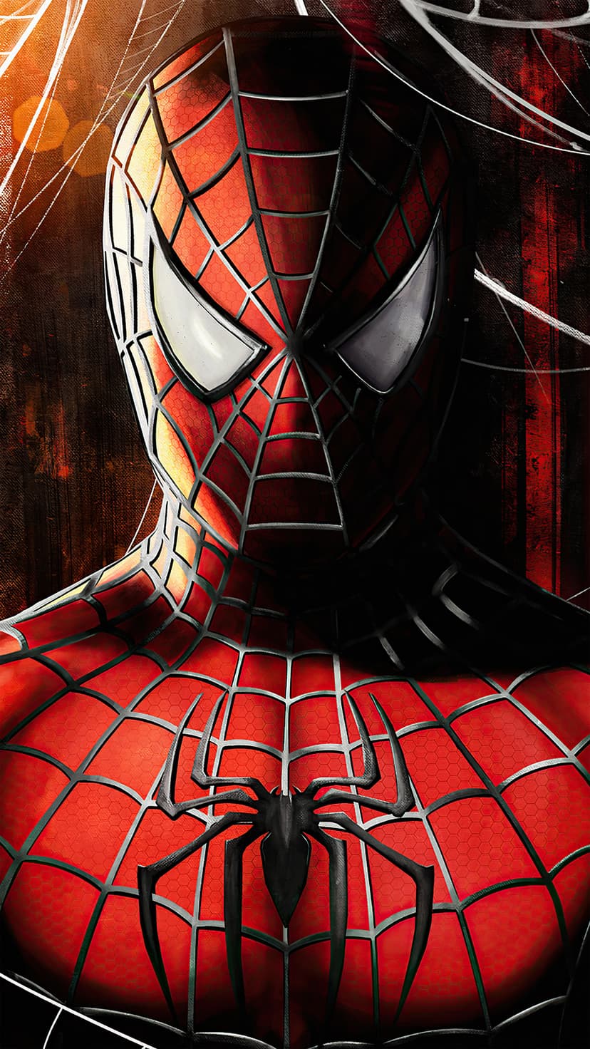 Spider-Man mask and black spider emblem feature detailed webbing and white lenses against a dark backdrop.