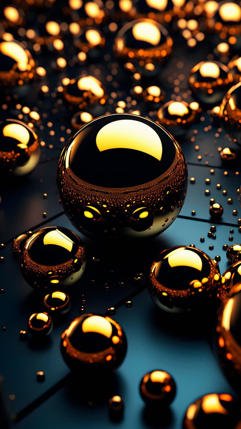 Golden metallic spheres of various sizes rest on a dark reflective surface with sharp mirrored highlights.
