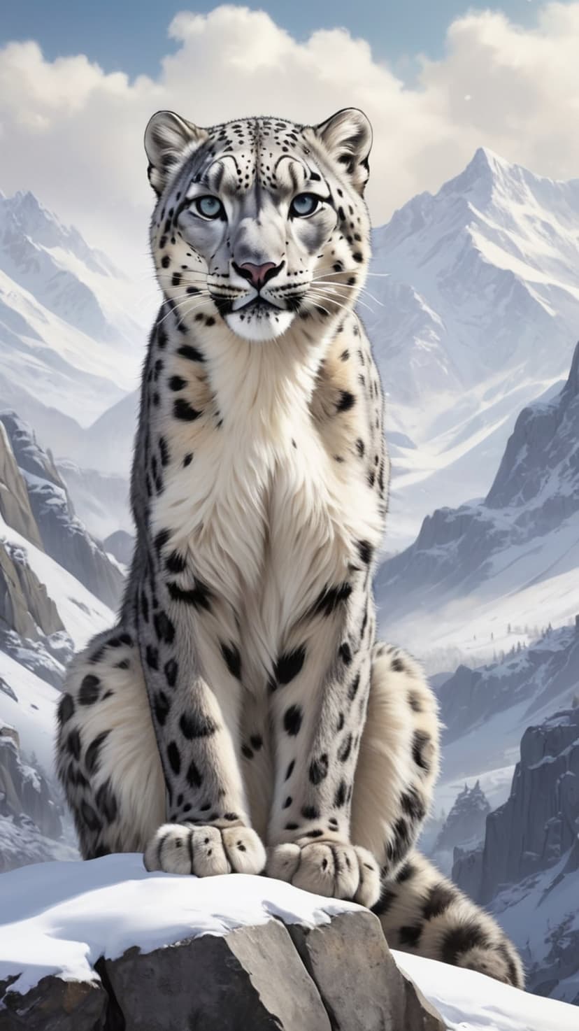 Snow leopard with blue eyes sits on a frost-covered rock ledge with rugged mountain peaks in the background.