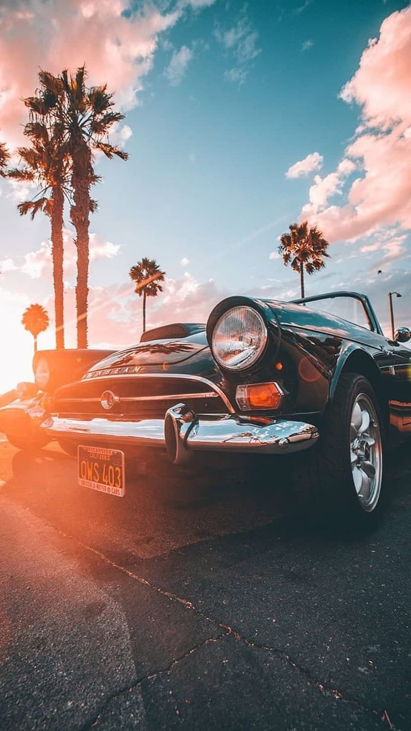 Vintage convertible car parked on a coastal road at sunset under tall palm trees and a pink cloudy sky.