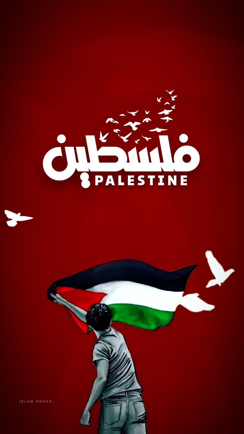 Youth holding a waving Palestinian flag surrounded by white flying doves against a vibrant red background.