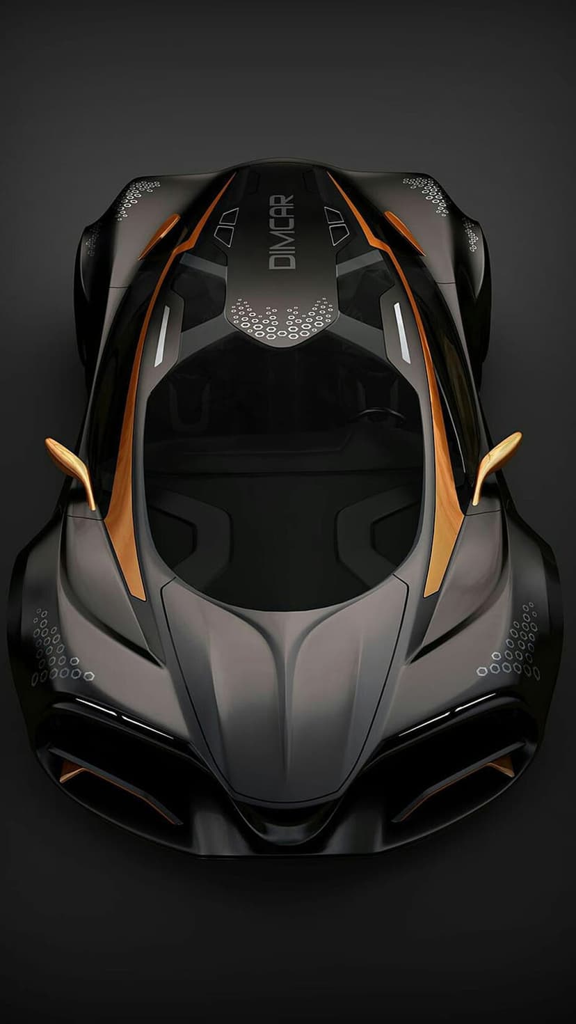 Dimcar concept car with black paint and gold detailing viewed from above showing circular hood patterns.