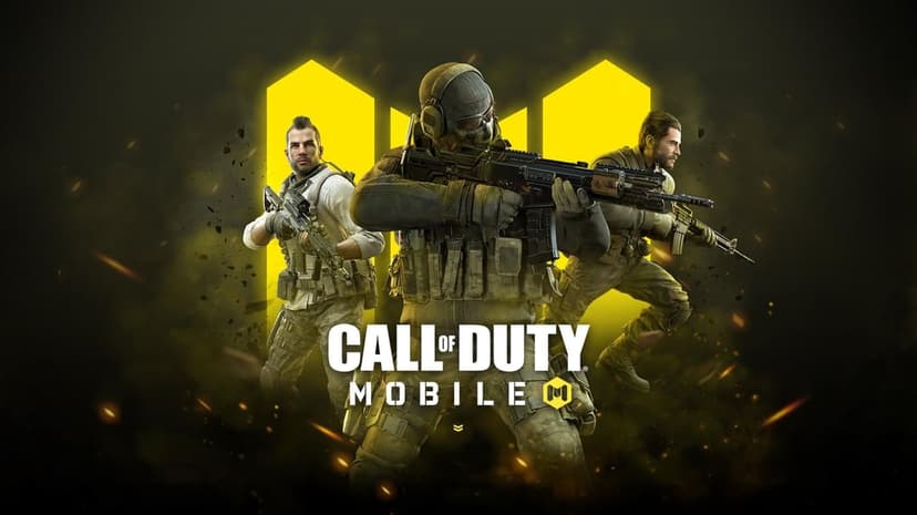 Three tactical soldiers with rifles stand before a large yellow logo in a dark smoky environment with sparks.