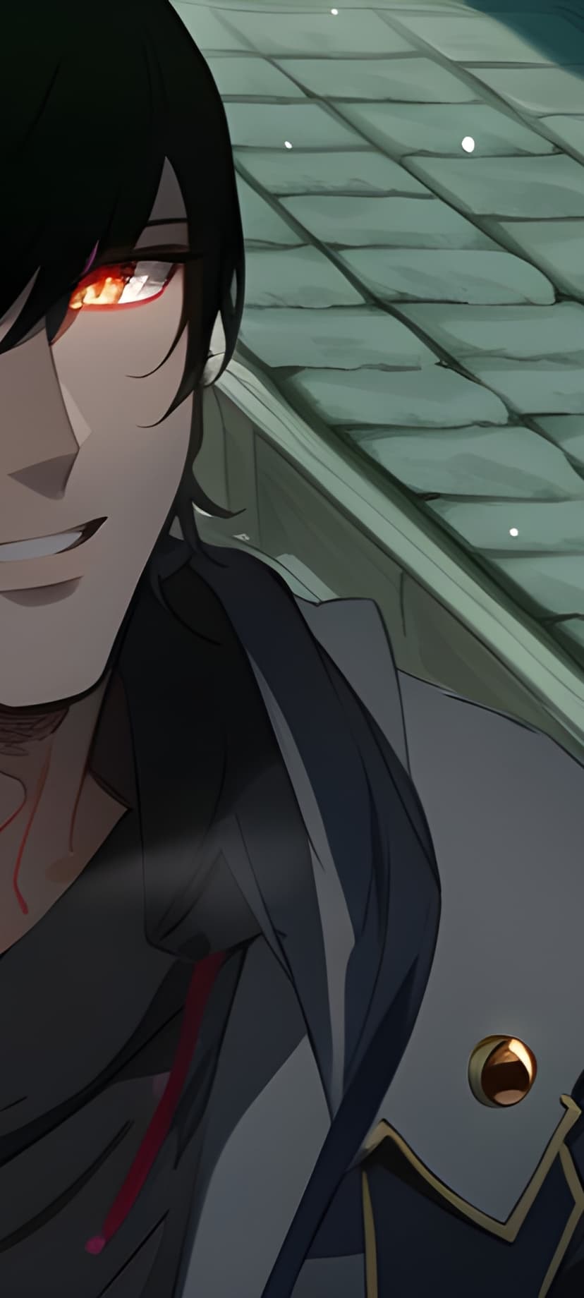Pale man with flowing black hair, glowing red eyes, and a sharp smile wearing a dark jacket on a stone surface.