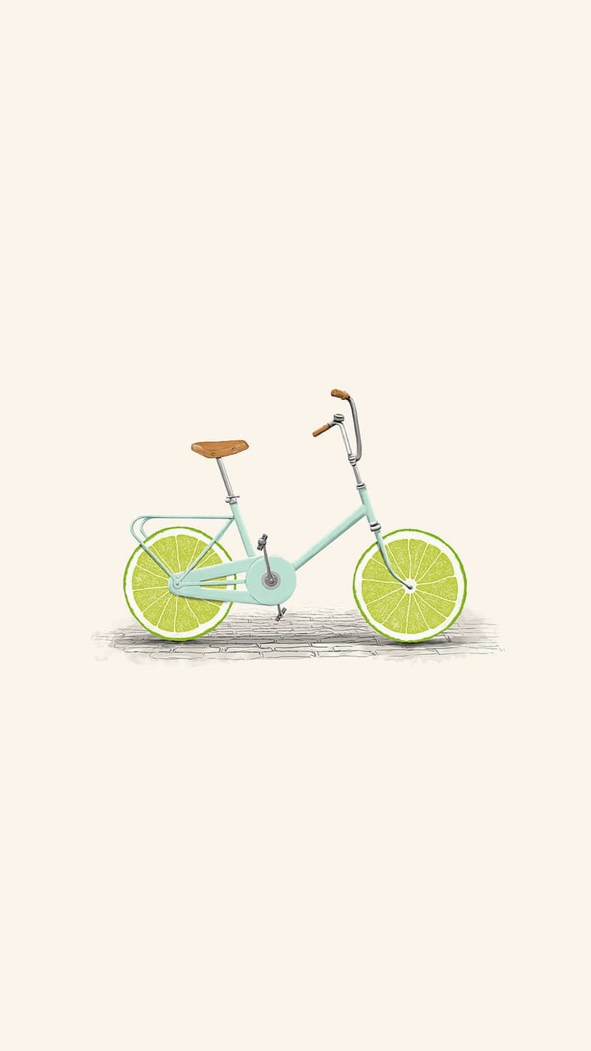 Mint green vintage bicycle with lime slice wheels on a soft neutral background with subtle cobblestone textures.